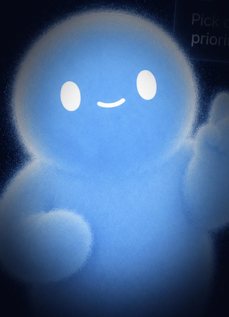 Brainy pointing up with a smile